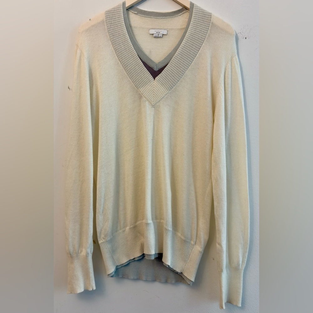 Adam Lippes cotton cashmere Cream and Gray V-Neck Sweater